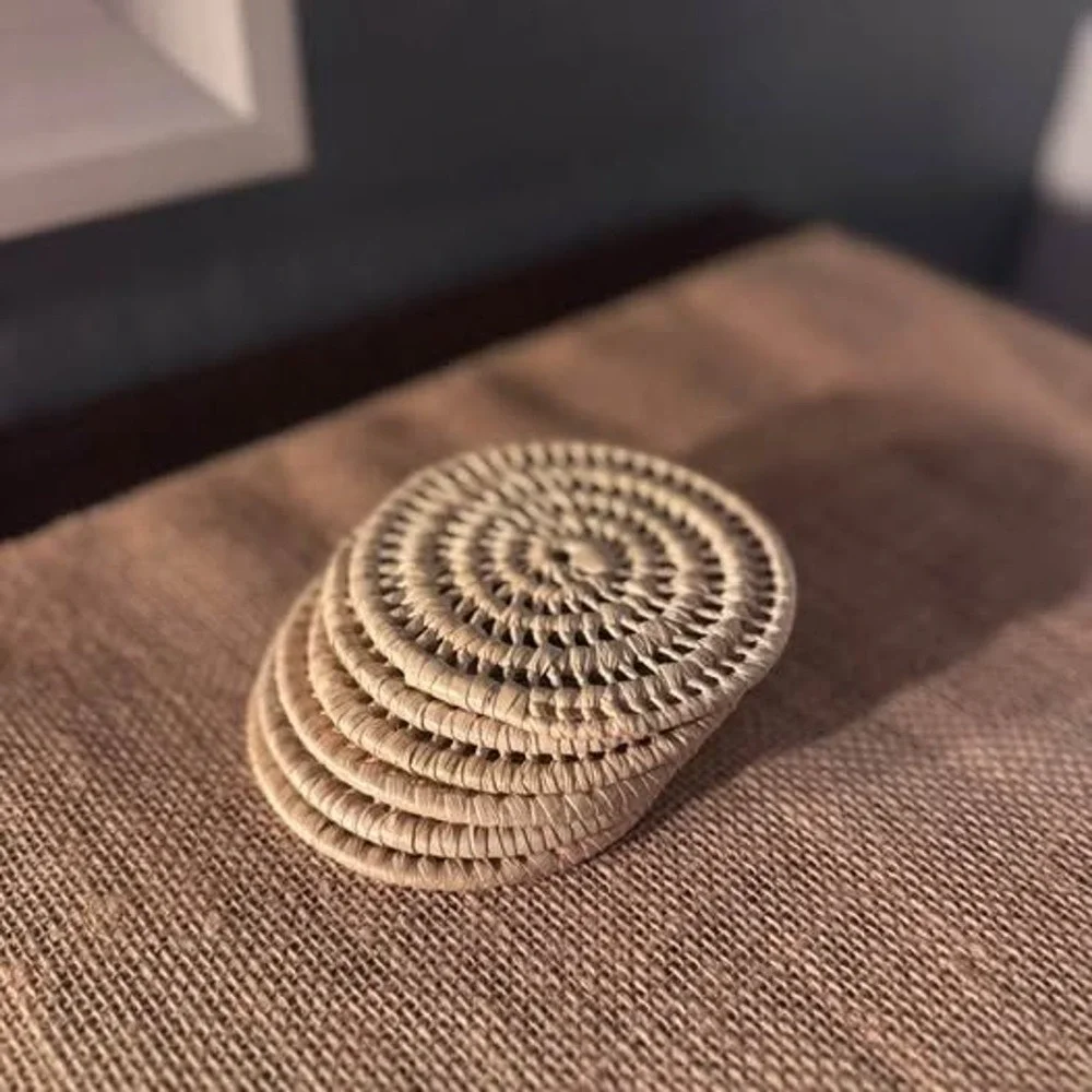 Boho Whitewashed Woven Rattan Coasters Set of 6 Round Drink Table Decor